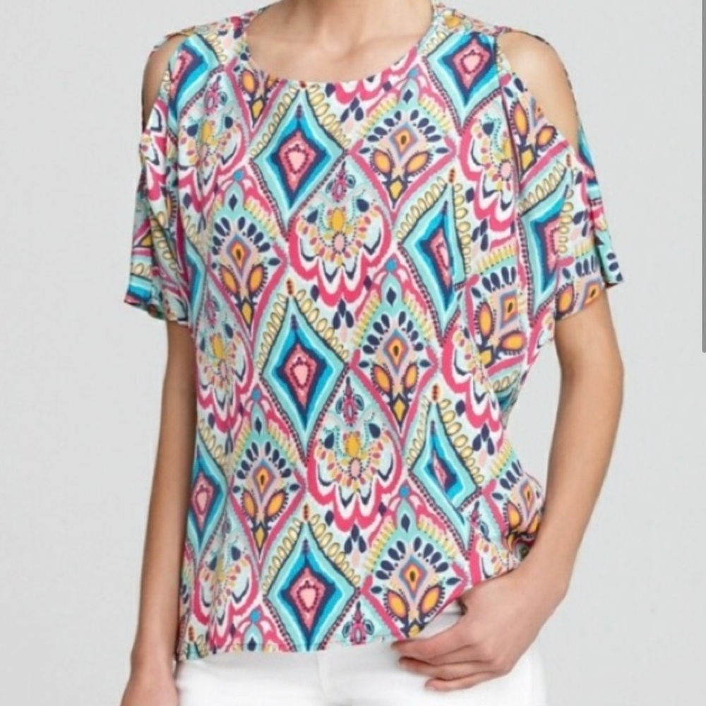 Lilly Pulitzer Crown Jewels Trace 100% Silk Cold Shoulder Top‎ M Beach colorful
